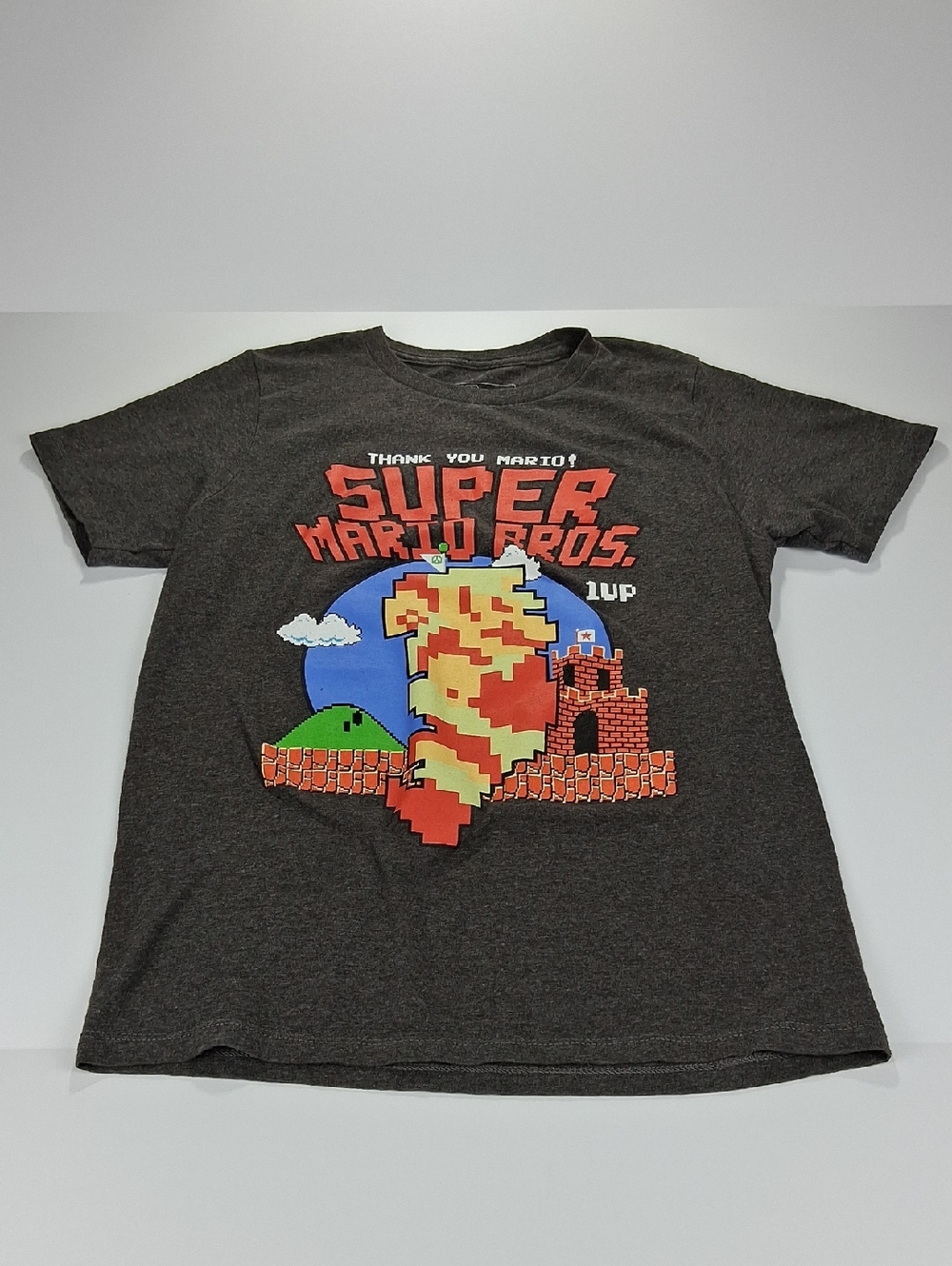 Boys Super Mario Bros. Graphic Tee Shirt Size Large - Dark Gray with Pixel Art